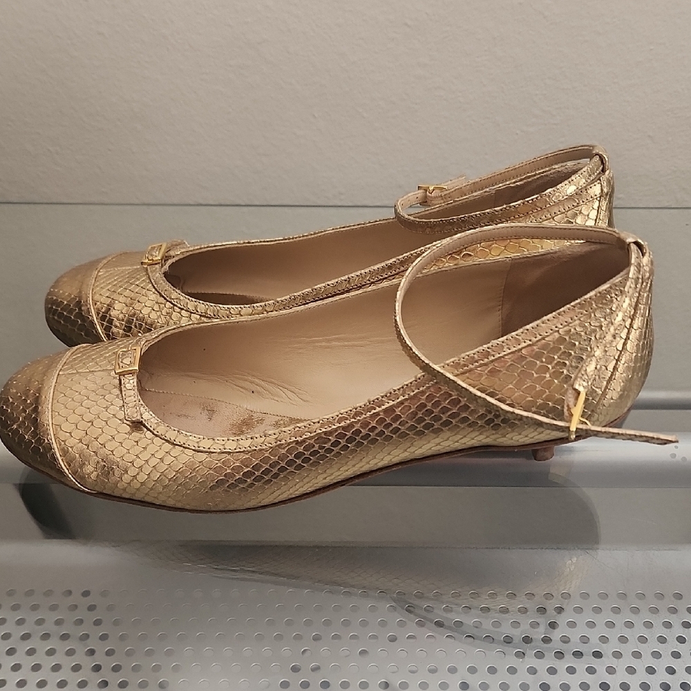 Kate Spade Gold Snakeskin Textured Mary Jane Ballet Flats Low Heel Classic Chic - Picture 5 of 10